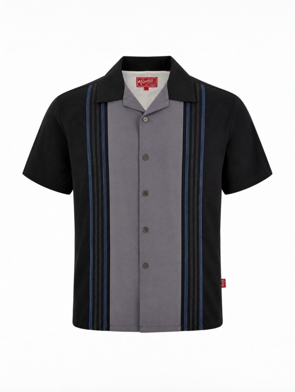 Woody’s Retro Lounge Bowling Shirt Mens L Black Gray Panel Rockabilly Retro Camp